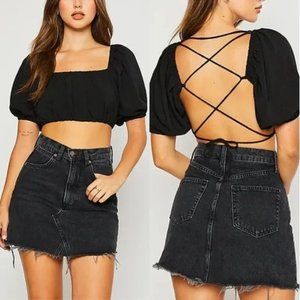 pretty garbage Black Puff Sleeve Textured Cropped Tie Back Top Size S EUC